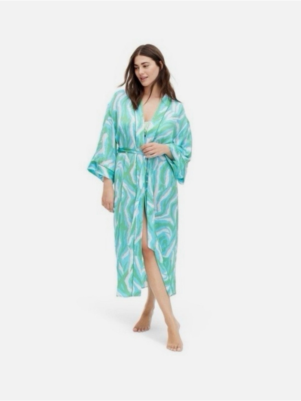 Diane Von Furstenberg Aqua and Mint Marble-Print Satin Robe